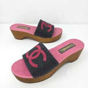 Chanel CC Logo Platform Slides Mules Pink Navy Blue Canvas Sandals IT 39 US 8.5